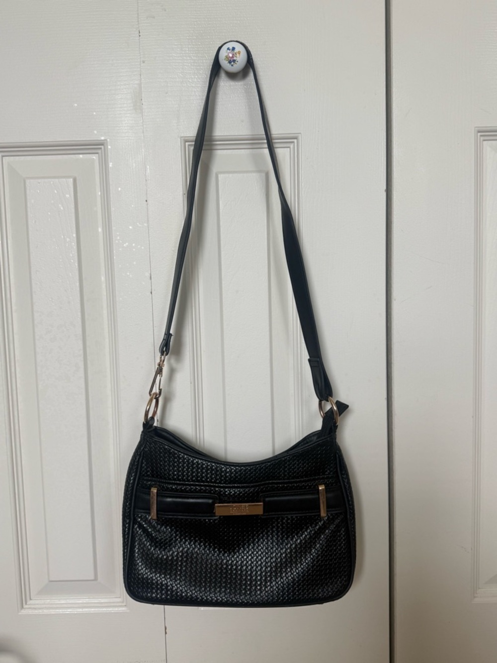 Jones New York Black Woven Crossbody Bag | Leather Shoulder Purse Gold Hardware